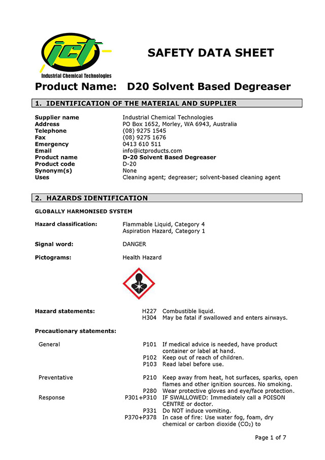 D-20 QuickBreak Degreaser SDS Page 1