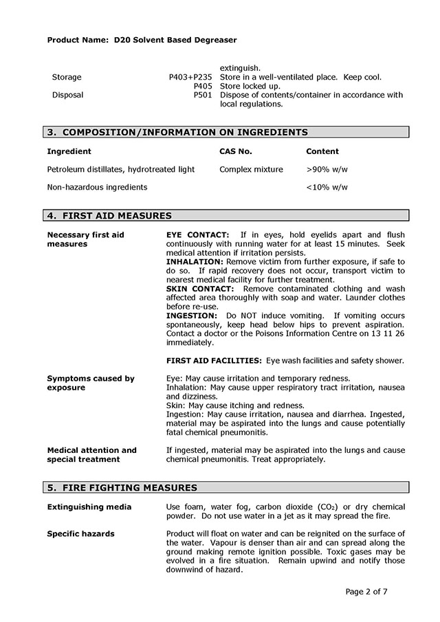 D-20 QuickBreak Degreaser SDS Page 2