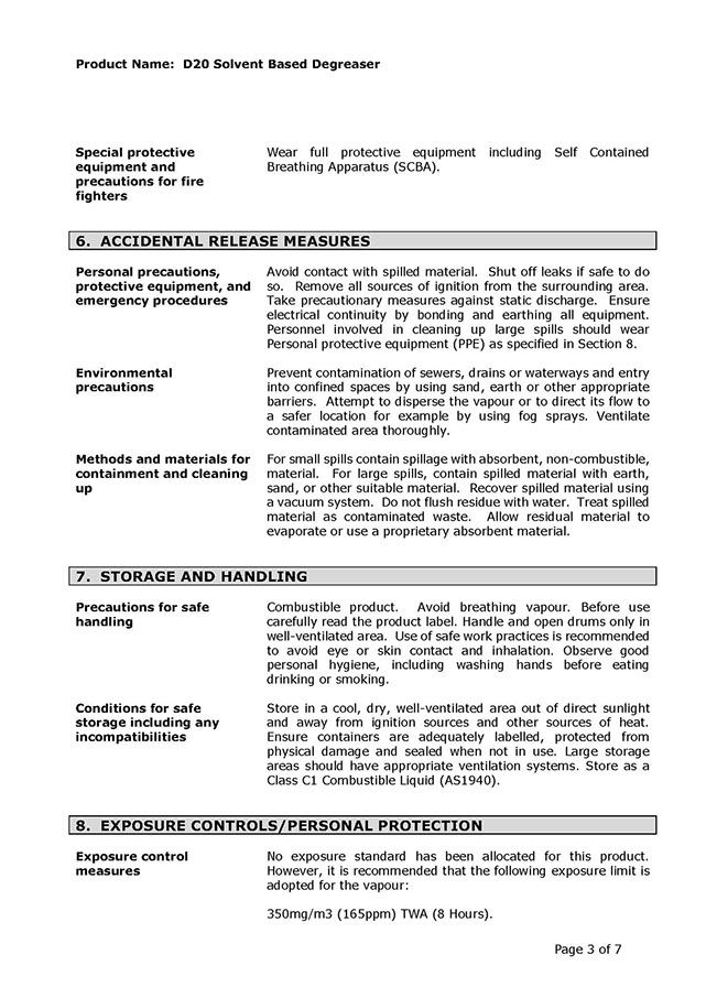 D-20 QuickBreak Degreaser SDS Page 3