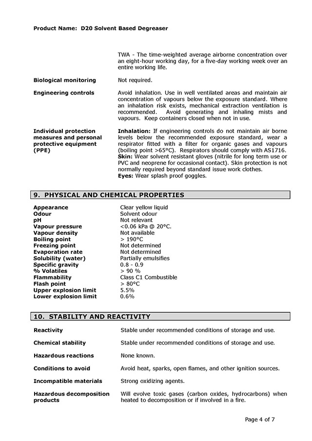 D-20 QuickBreak Degreaser SDS Page 4
