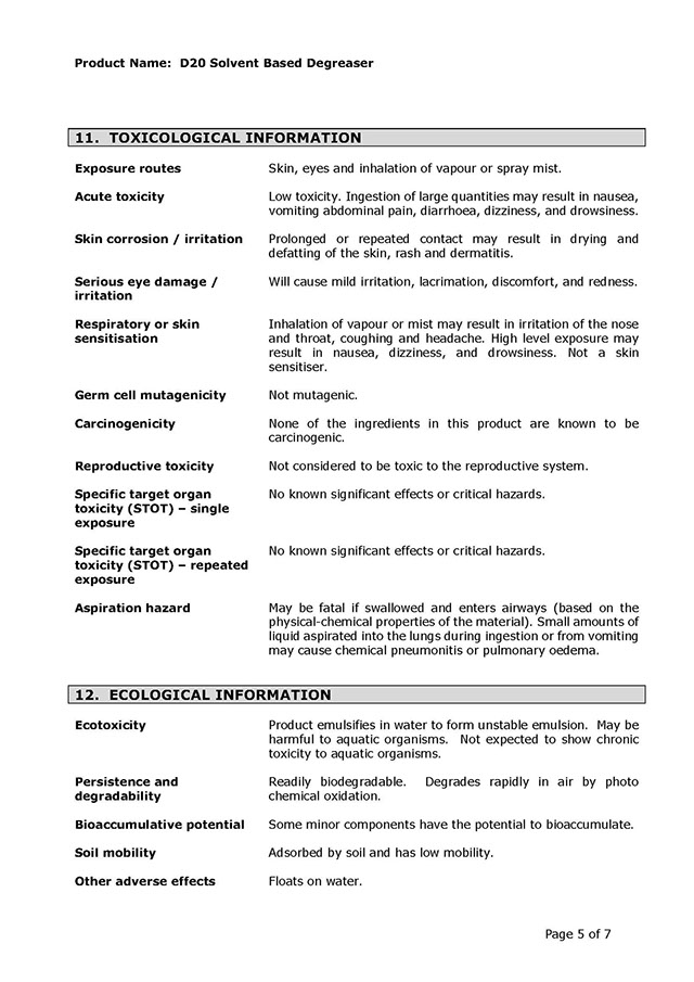 D-20 QuickBreak Degreaser SDS Page 5