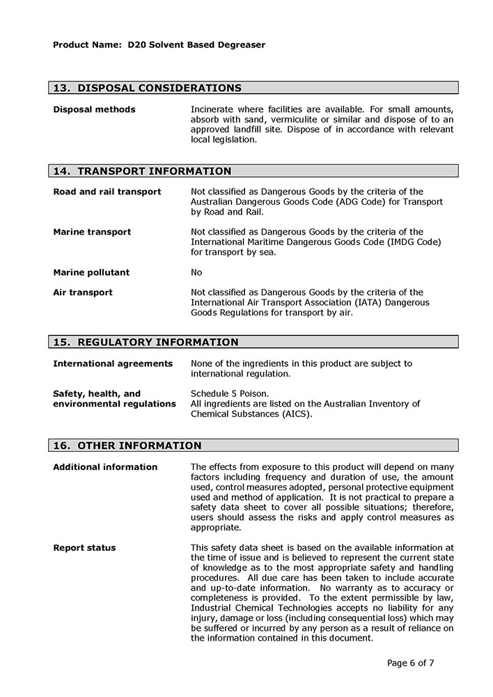 D-20 QuickBreak Degreaser SDS Page 6