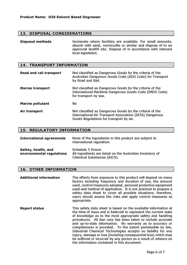 D-20 QuickBreak Degreaser SDS Page 6
